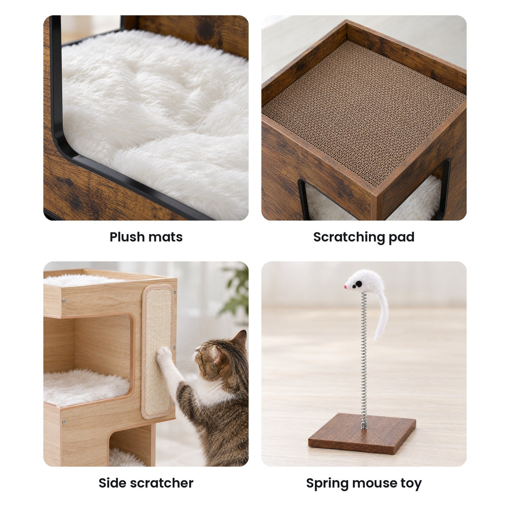 Cat condo details: plush mats, cardboard scratching pad, side scratcher, spring mouse toy