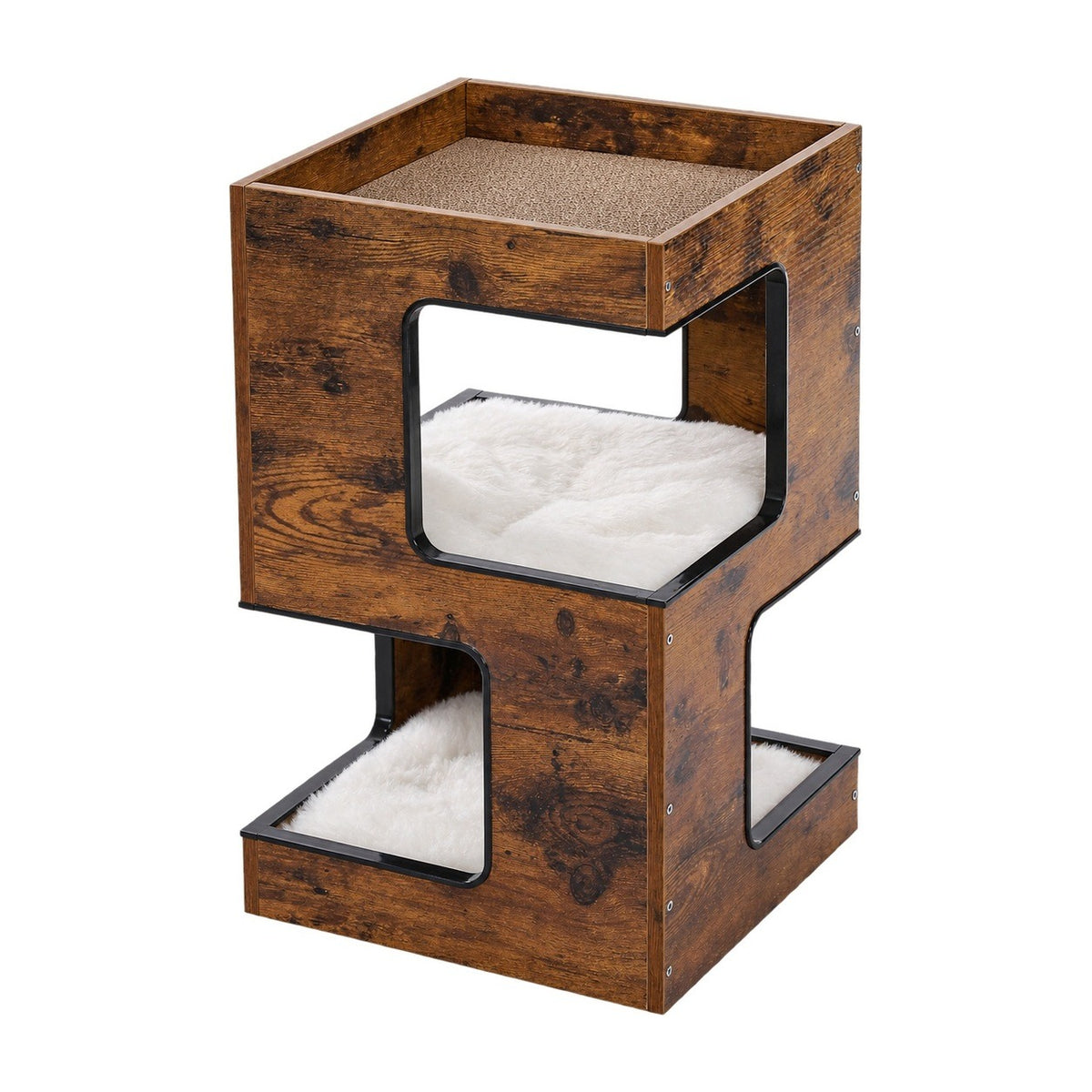 Rustic Brown 3-level cat condo side table on a white background