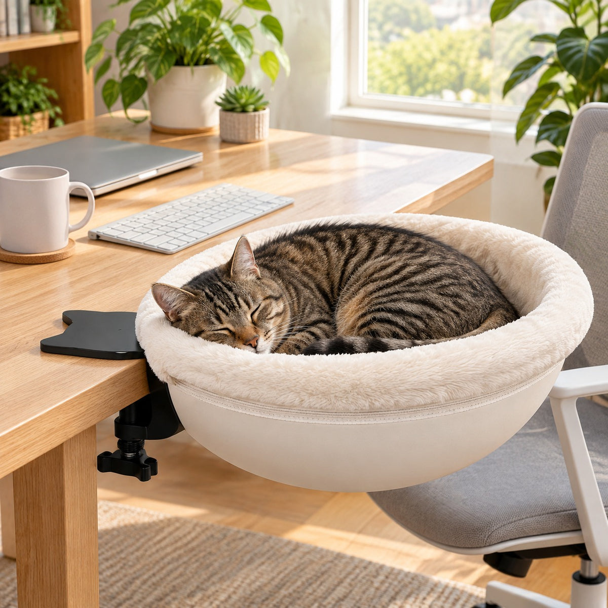 Cat asleep in a round plush cat bed clamped to the edge of a home-office desk