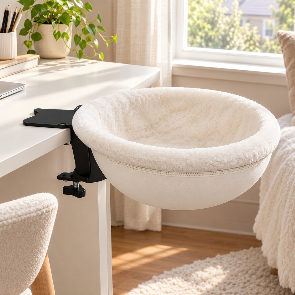 White round cat desk bed with black clamp attached to a desk