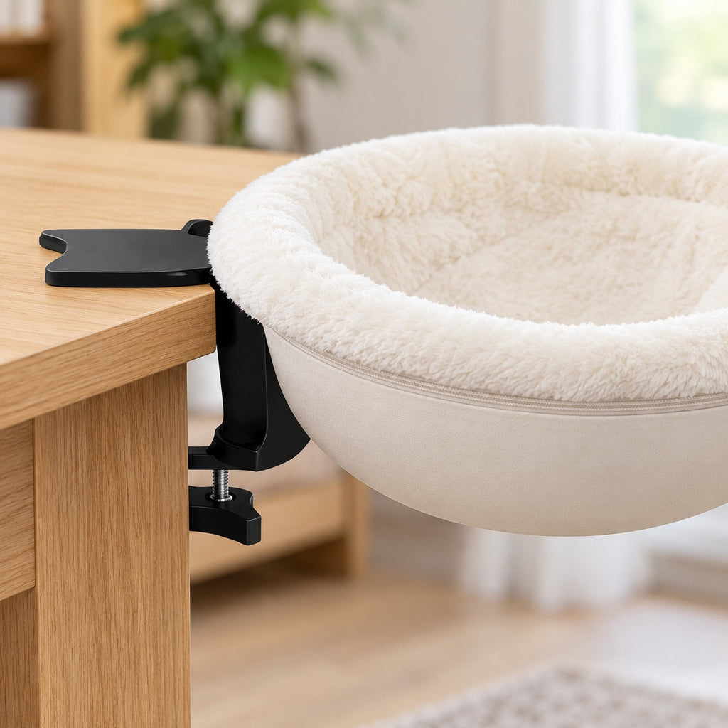 Black desk clamp and cat-head plate holding the round cat bed