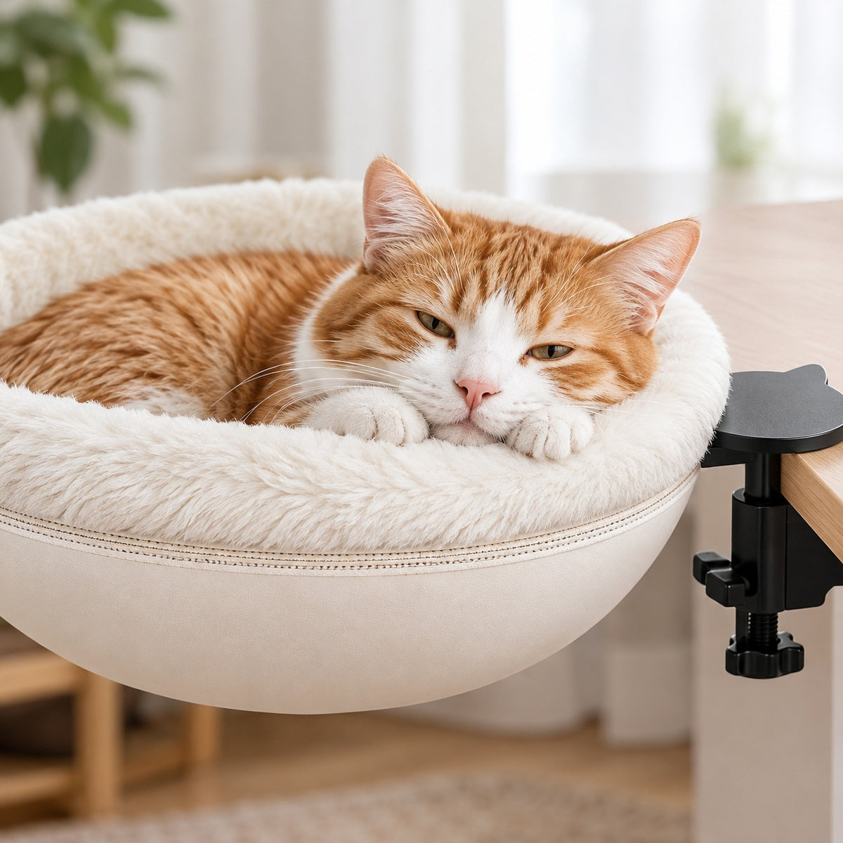 Cat resting its chin on the faux-fur rim of the cat desk bed