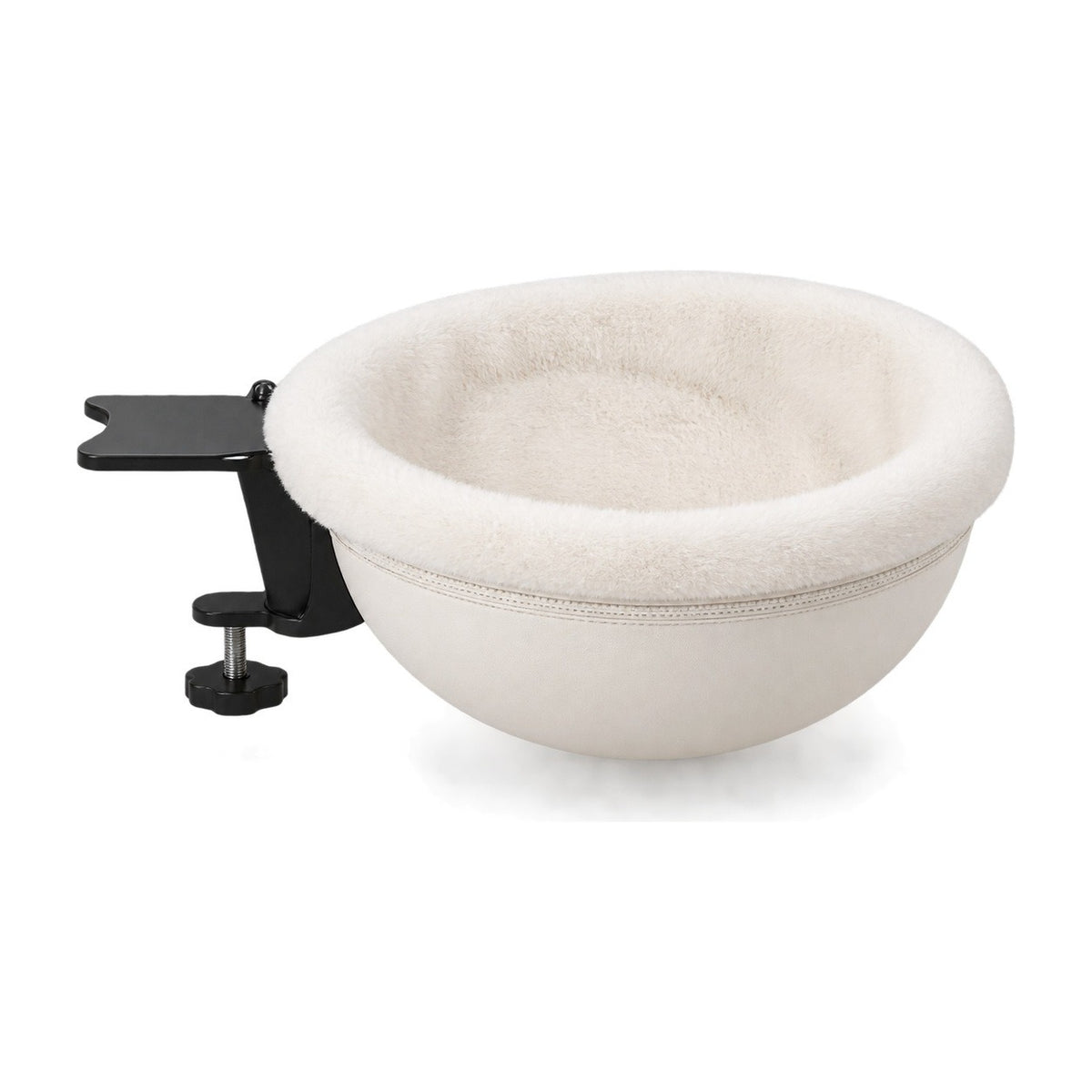White round cat desk bed with black clamp on a white background