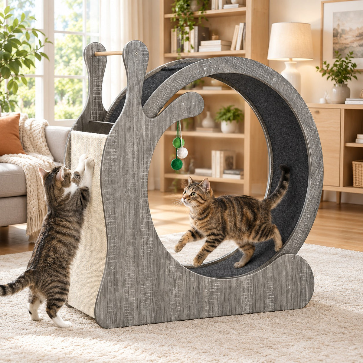 Cat running in a gray snail-shaped cat exercise wheel while a second cat uses the scratching board
