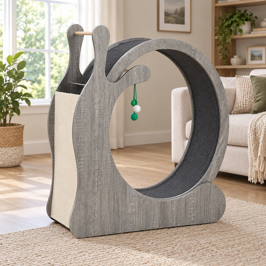 Snail-shaped cat exercise wheel with scratching board in Gray Oak