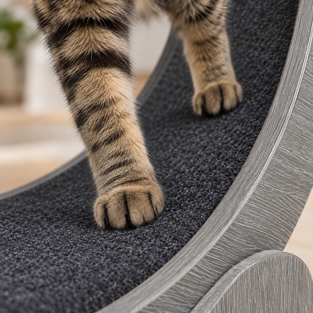 Cat paws on the fleece running track of the cat exercise wheel