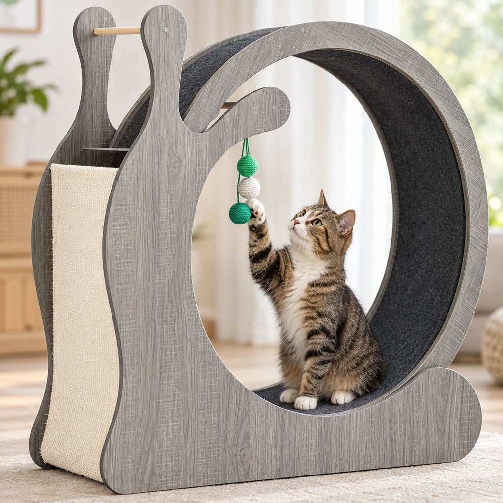 Cat batting the hanging rope balls inside the snail cat wheel