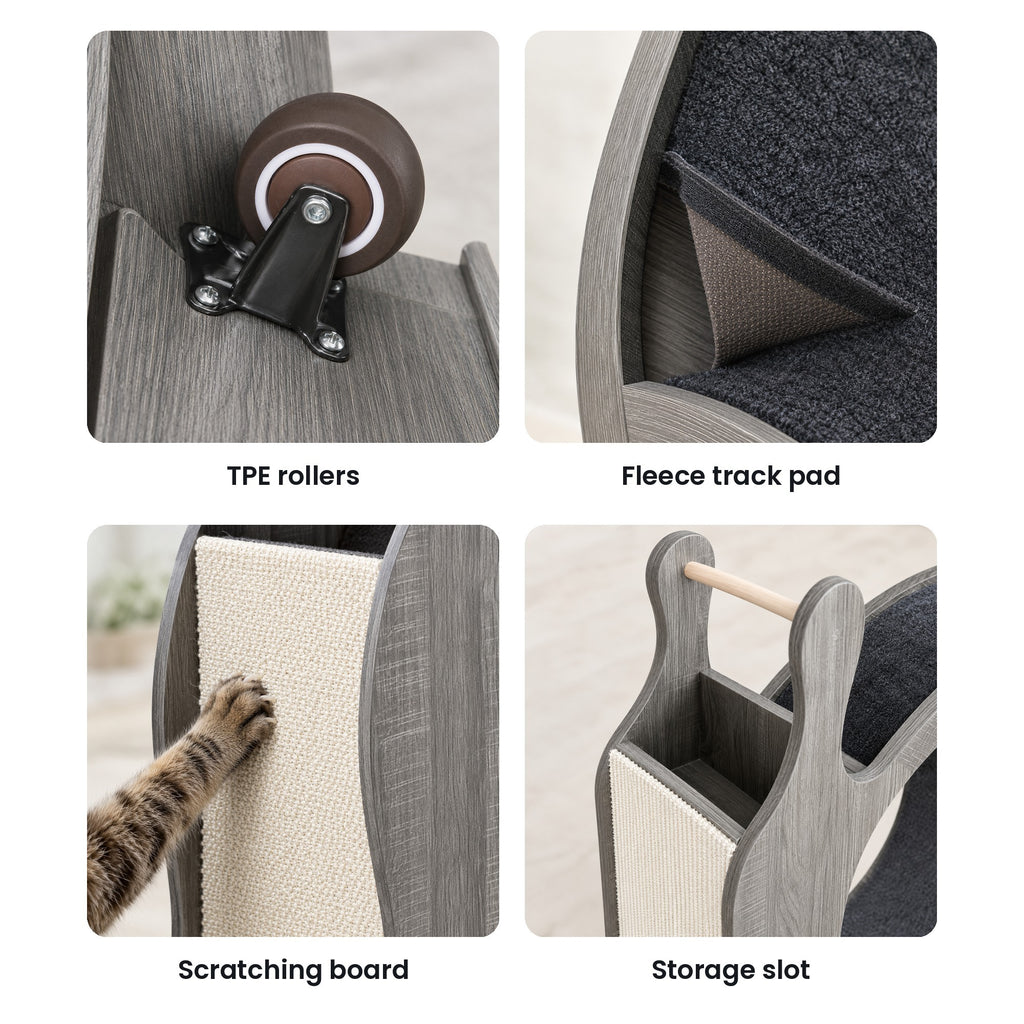 Snail cat wheel details: TPE rollers, fleece track pad, scratching board, storage slot