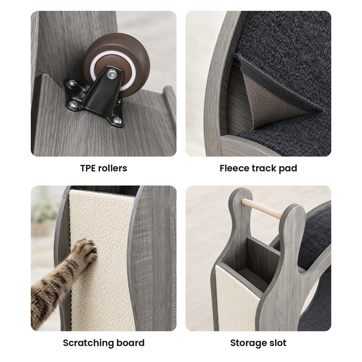 Snail cat wheel details: TPE rollers, fleece track pad, scratching board, storage slot