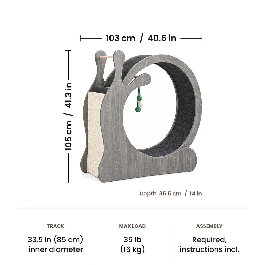 Snail cat exercise wheel dimensions: 103 x 35.5 x 105 cm (40.5 x 14 x 41.3 in)