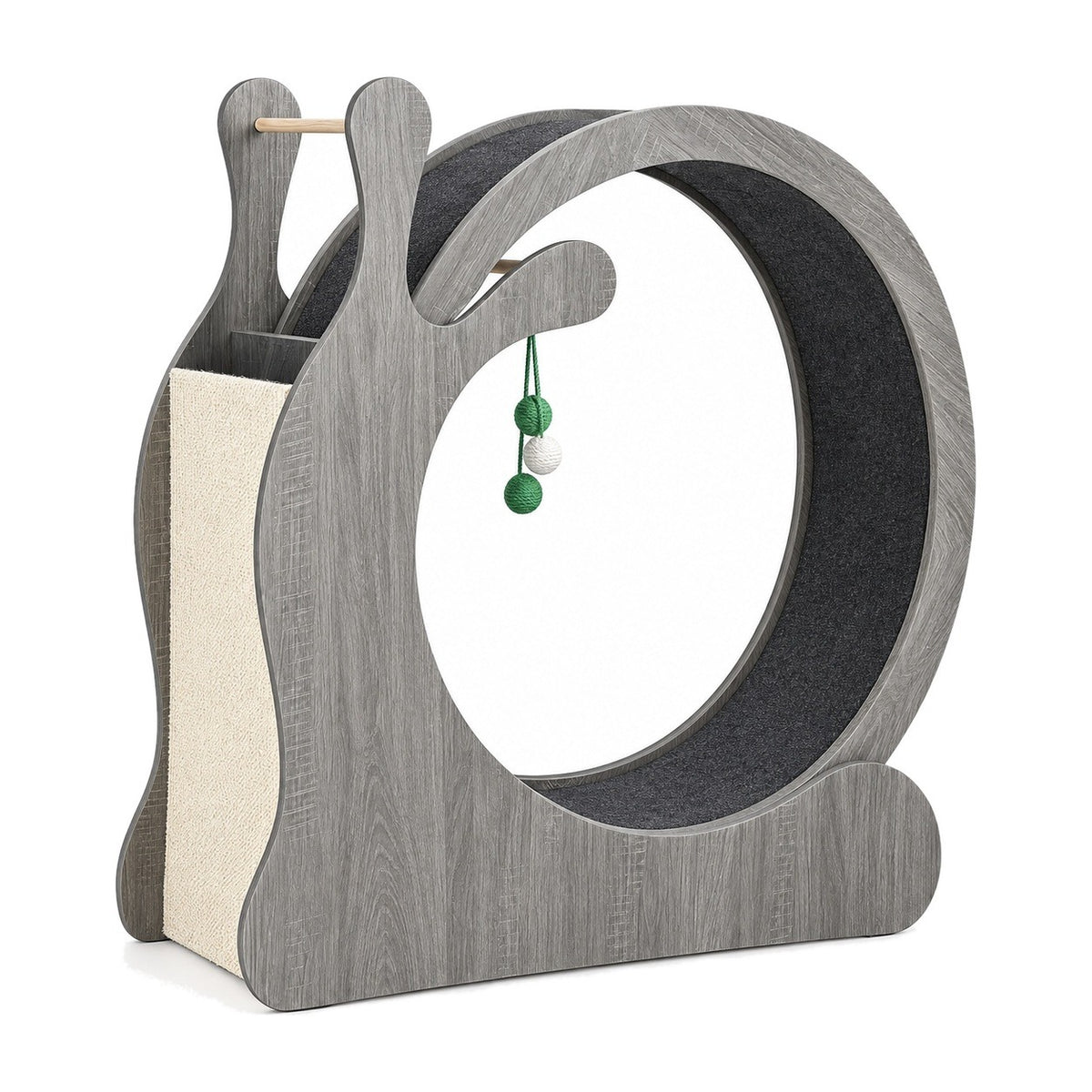 Gray oak snail-shaped cat exercise wheel on a white background