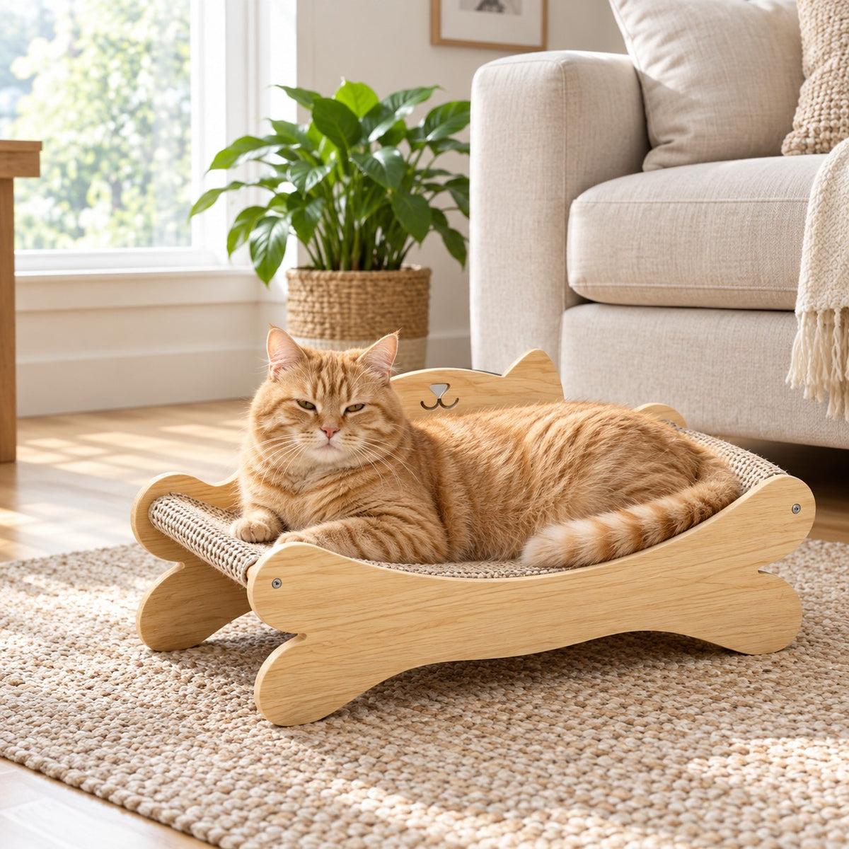 Cat lying on the curved sisal cat scratcher bed with cat-face wood frame