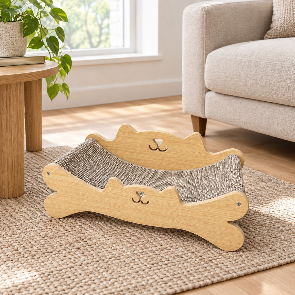 Curved sisal cat scratcher bed with cat-face wood side panels in a living room