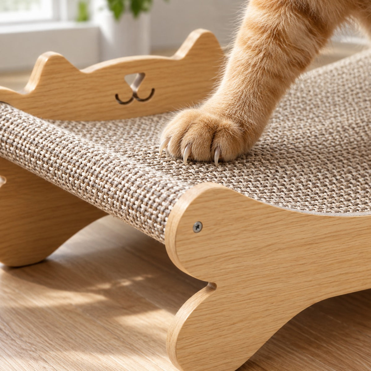 Cat paw scratching the woven sisal mat of the cat scratcher bed