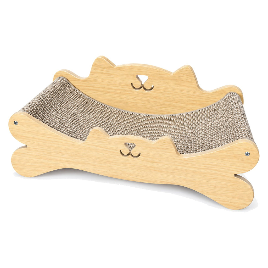 Curved sisal cat scratcher bed with cat-face wood frame on white background