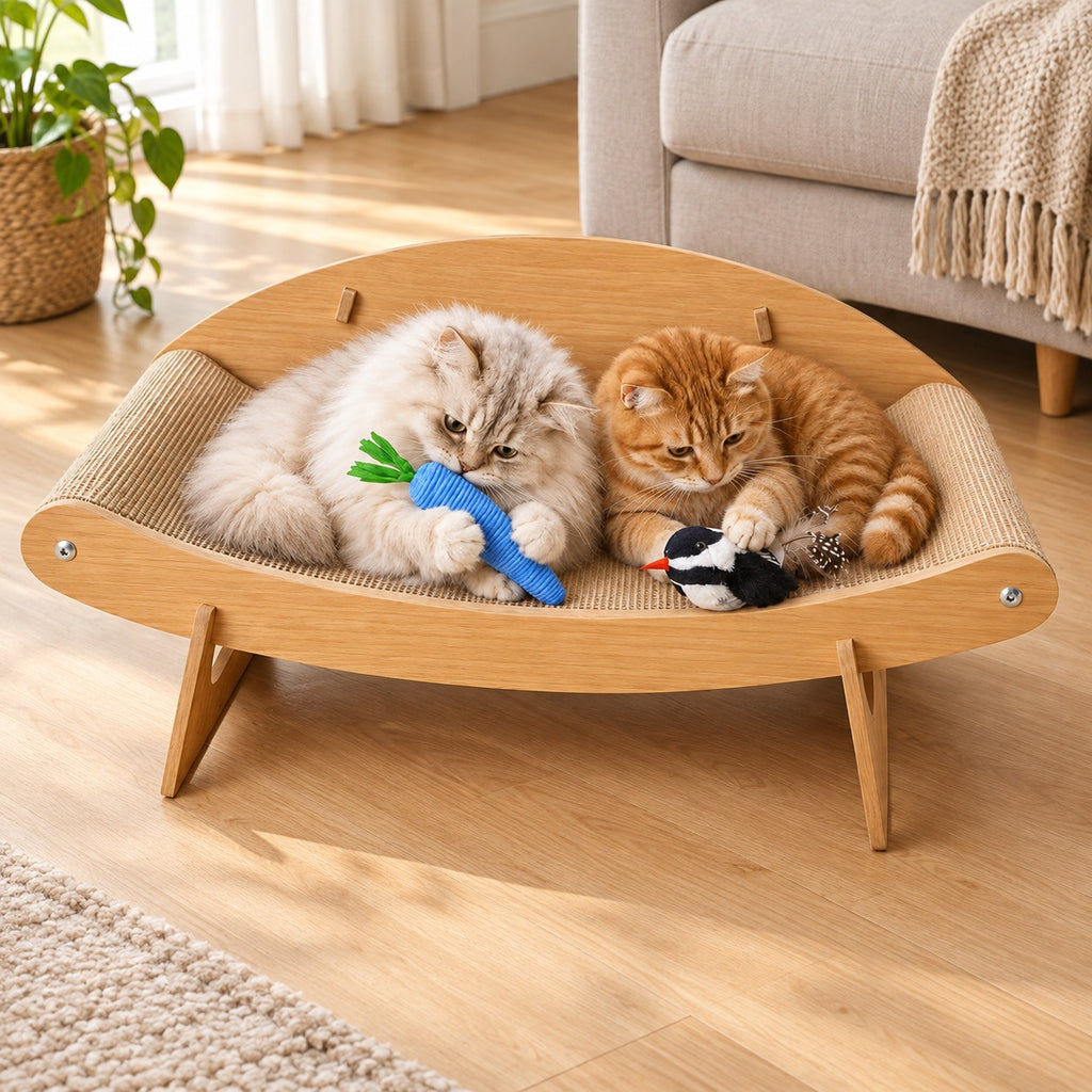 Cat hugging the carrot toy in a curved sisal lounge bed next to a second cat