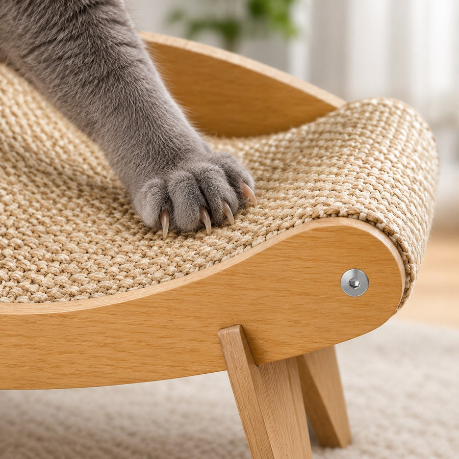 Cat paw scratching the natural sisal of the lounge bed