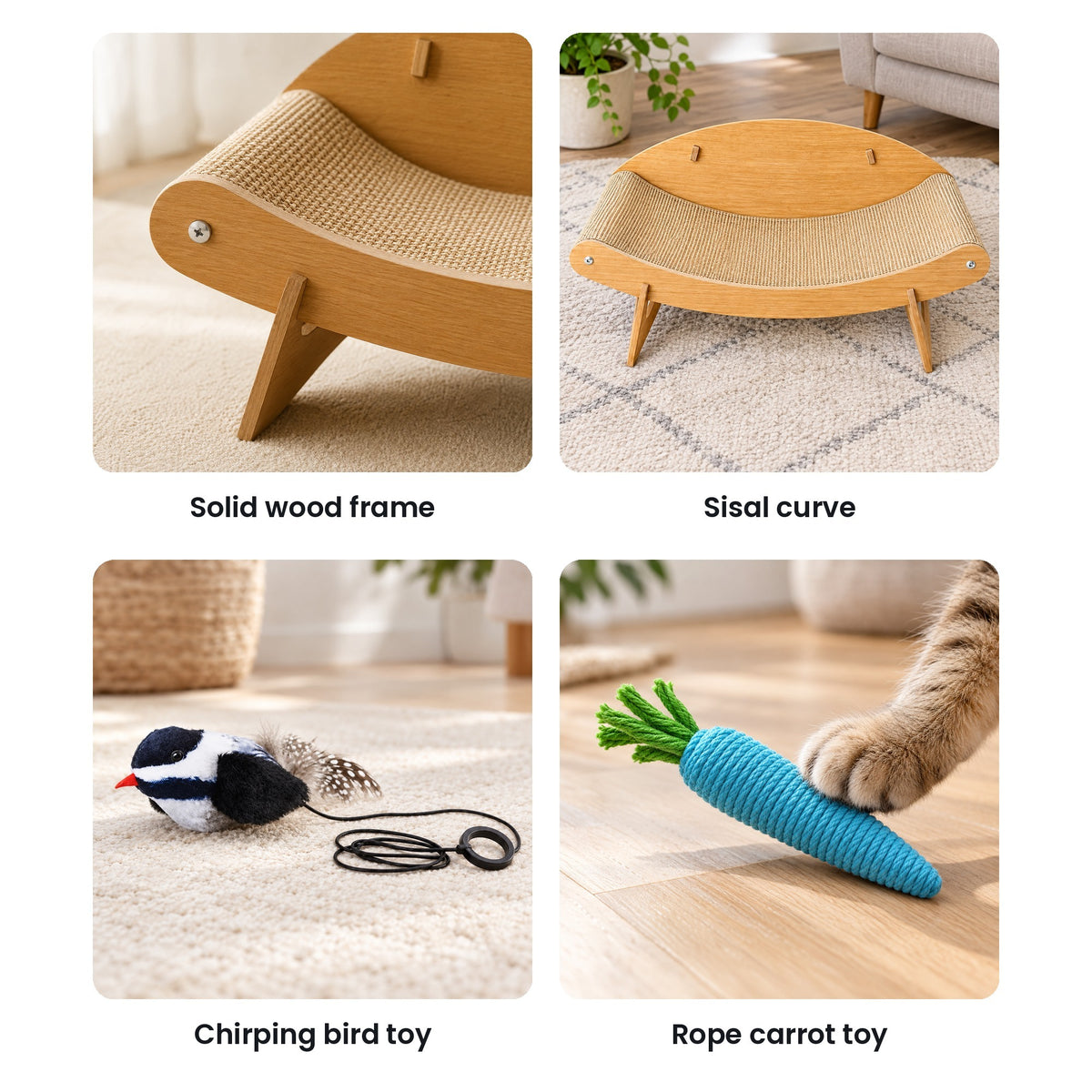 Cat scratcher lounge bed details: wooden frame, sisal curve, bird toy, carrot toy