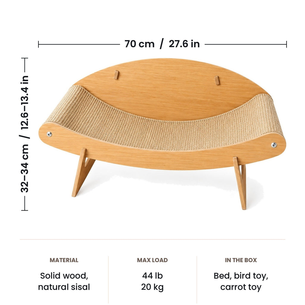 Cat scratcher lounge bed dimensions: 70 cm (27.6 in) long, 32 to 34 cm high