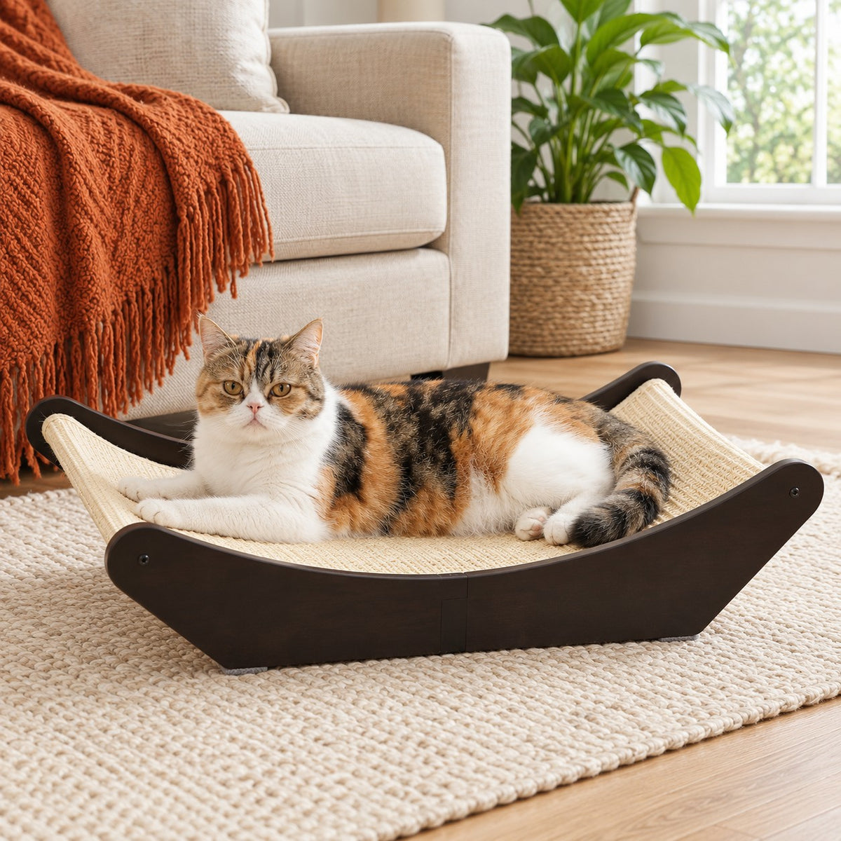Cat lying on the dark wood cat scratcher lounge bed with sisal mat