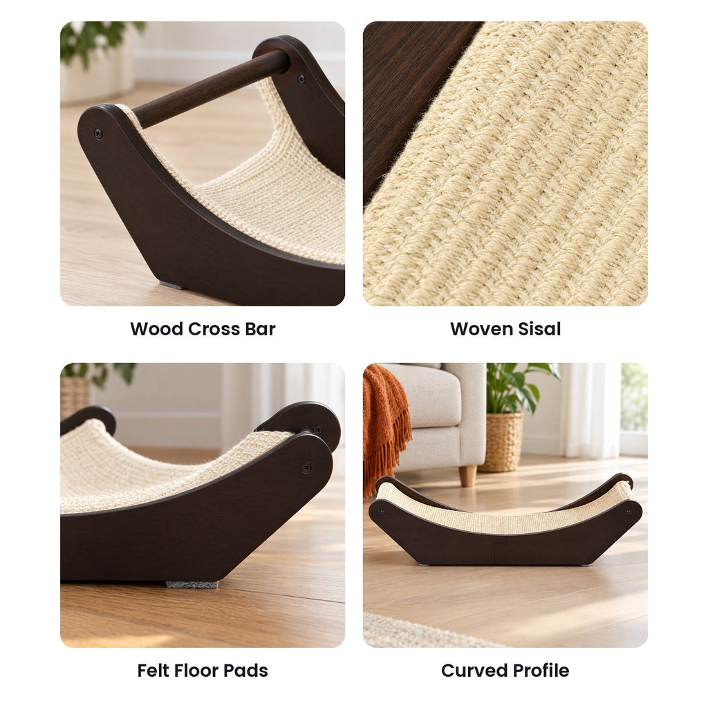 Cat lounge bed details: wooden cross bar, woven sisal, felt floor pads, curved profile