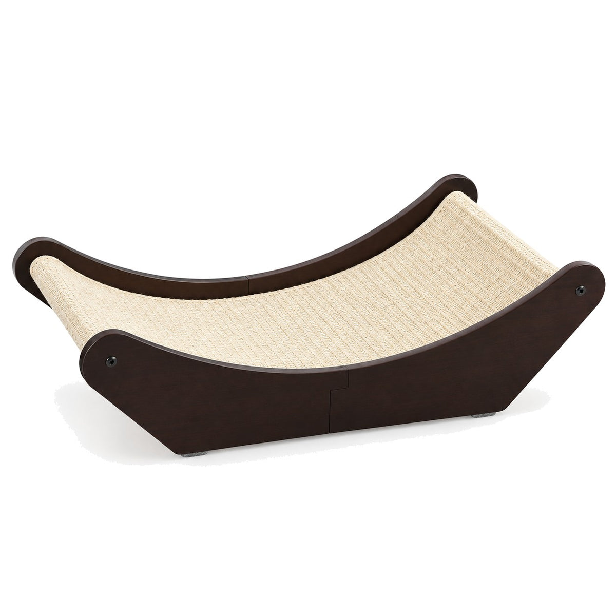 Dark wood cat scratcher lounge bed with sisal mat on white background