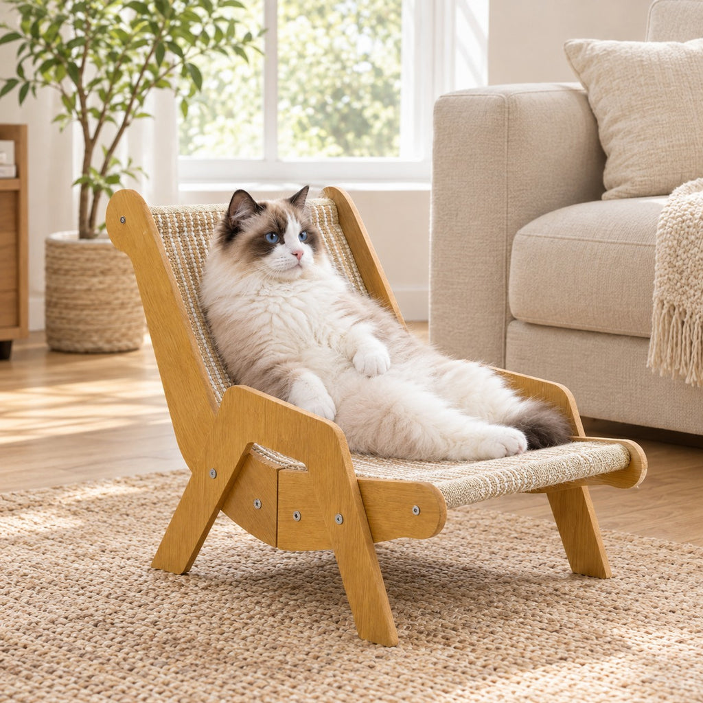 Cat lounging on the woven sisal seat of the cat scratcher lounge chair