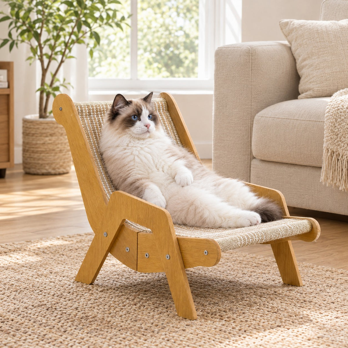 Cat lounging on the woven sisal seat of the cat scratcher lounge chair