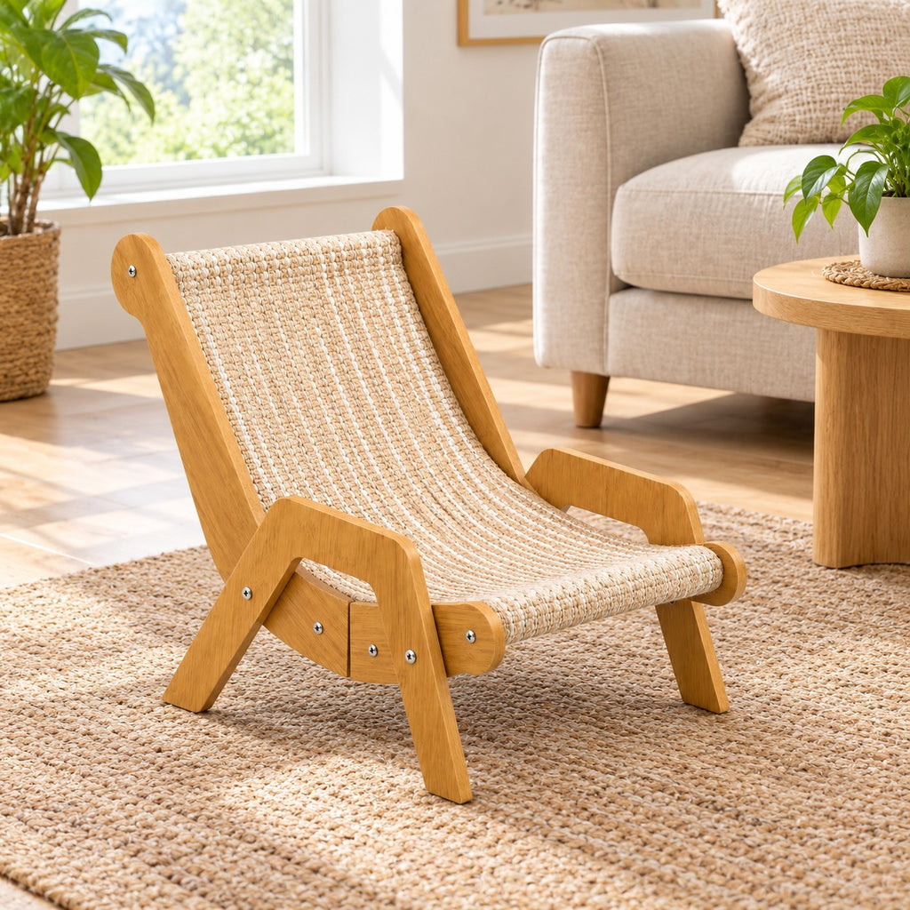 Cat scratcher lounge chair with woven sisal seat in a living room