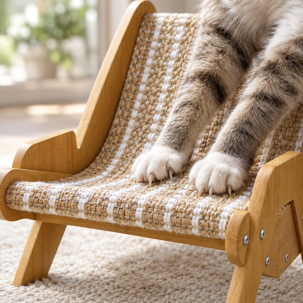 Cat paws scratching the woven sisal sling of the lounge chair