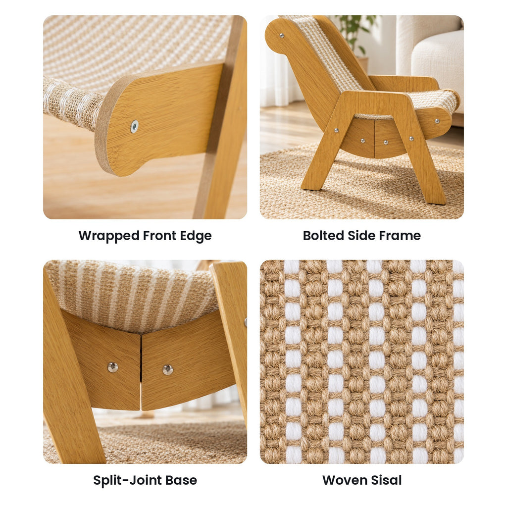 Cat lounge chair details: wrapped front edge, bolted side frame, split-joint base, woven sisal