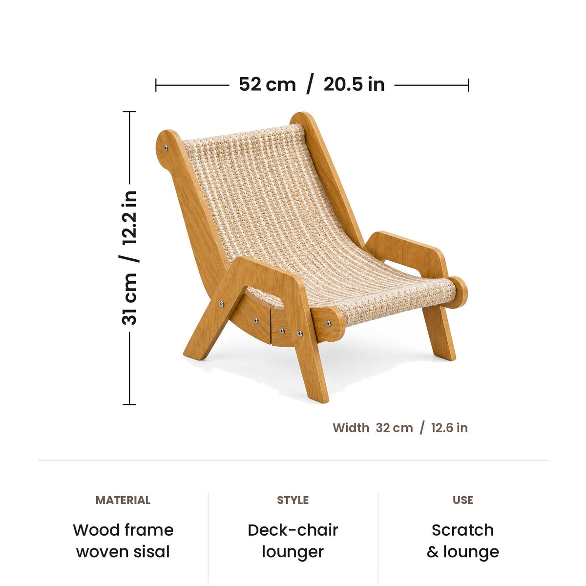 Cat lounge chair dimensions: 20.5 x 12.6 x 12.2 in (52 x 32 x 31 cm)