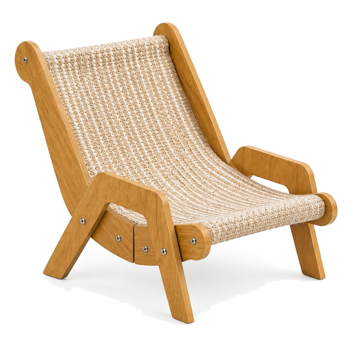Cat scratcher lounge chair with woven sisal seat on white background