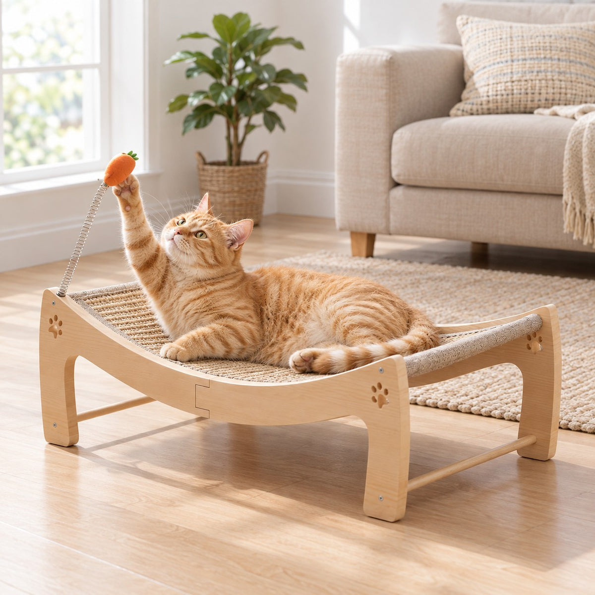 Cat batting the spring toy while lying on the curved sisal cat scratcher lounger