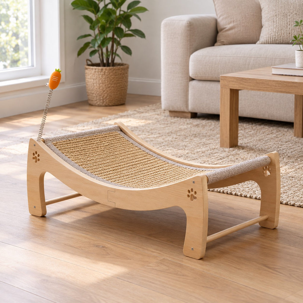 Curved cat scratcher lounger with spring toy and solid wood frame in a living room
