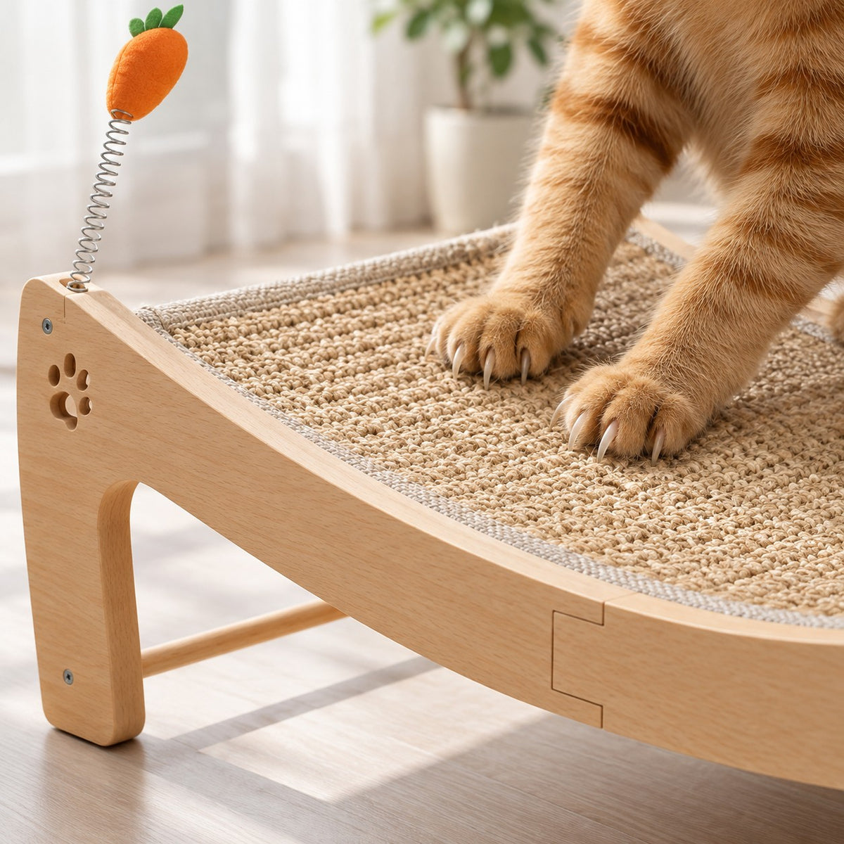 Cat paws scratching the woven sisal surface of the lounger