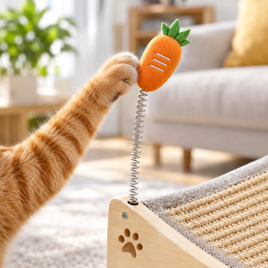 Spring toy with plush carrot on the corner of the cat lounger