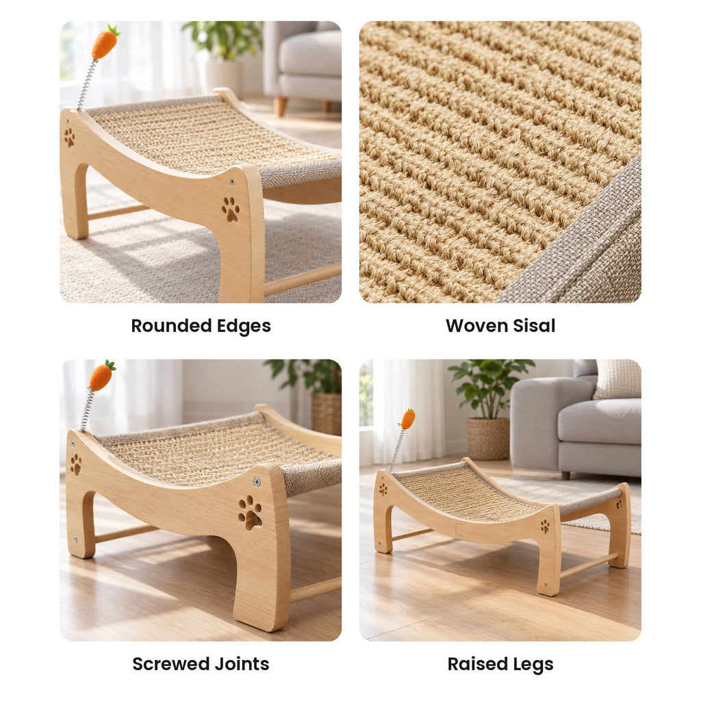 Cat lounger details: rounded edges, woven sisal, screwed joints, raised legs
