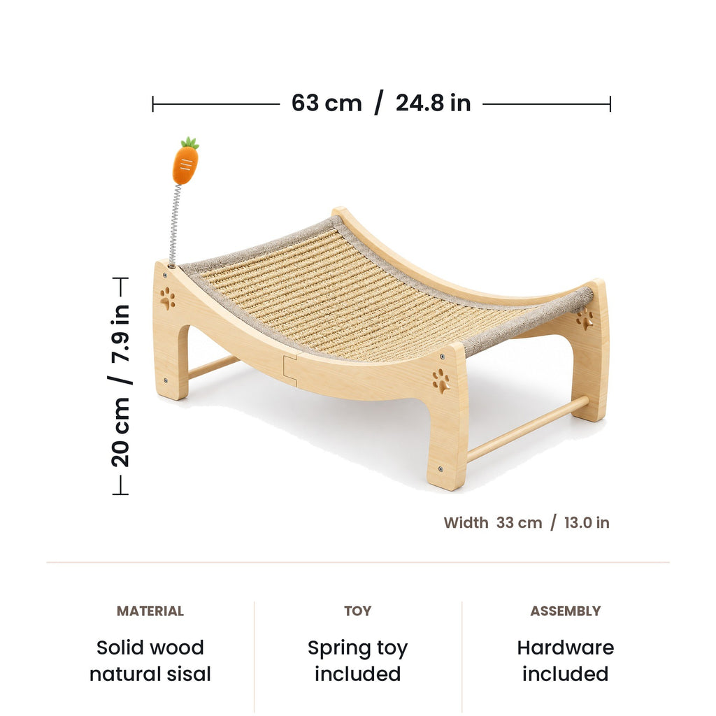 Cat scratcher lounger dimensions: 24.8 x 13 x 7.9 in (63 x 33 x 20 cm)