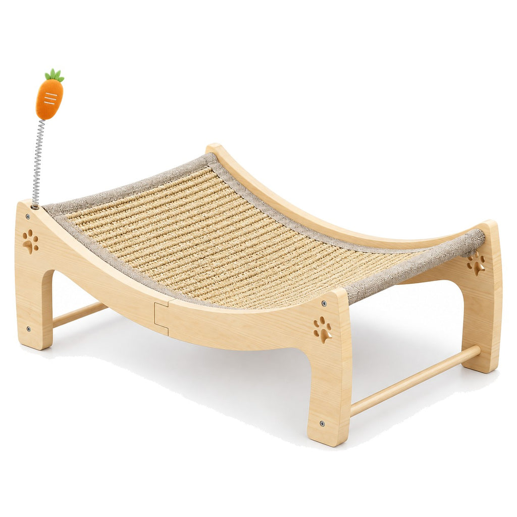 Curved cat scratcher lounger with spring toy on white background
