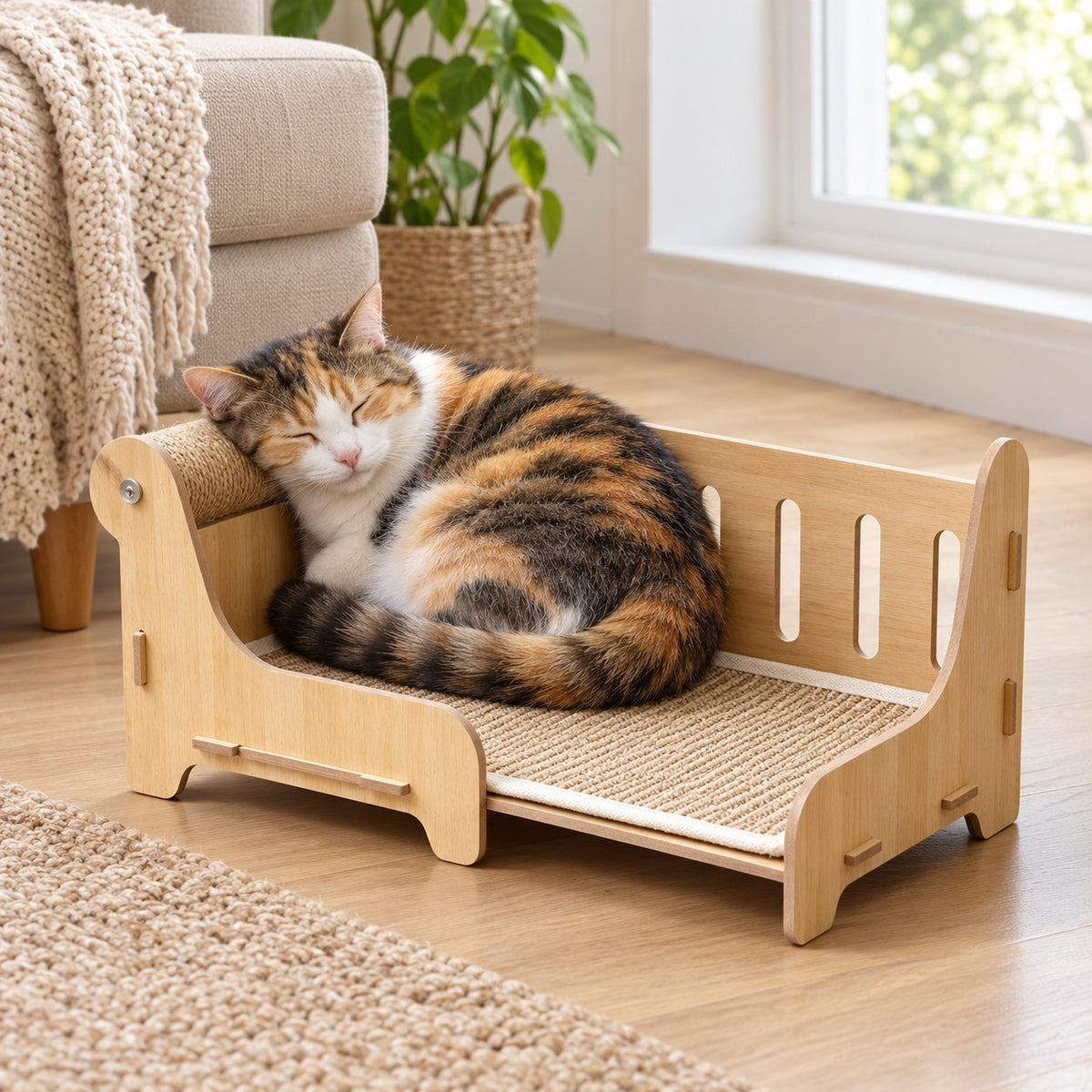 Cat sleeping on the cat scratcher sofa bed with sisal scratching roll