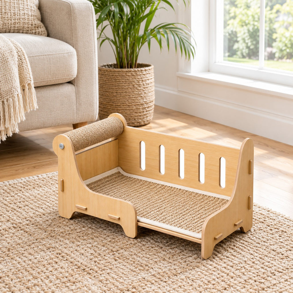 Cat scratcher sofa bed with sisal roll armrest in a living room