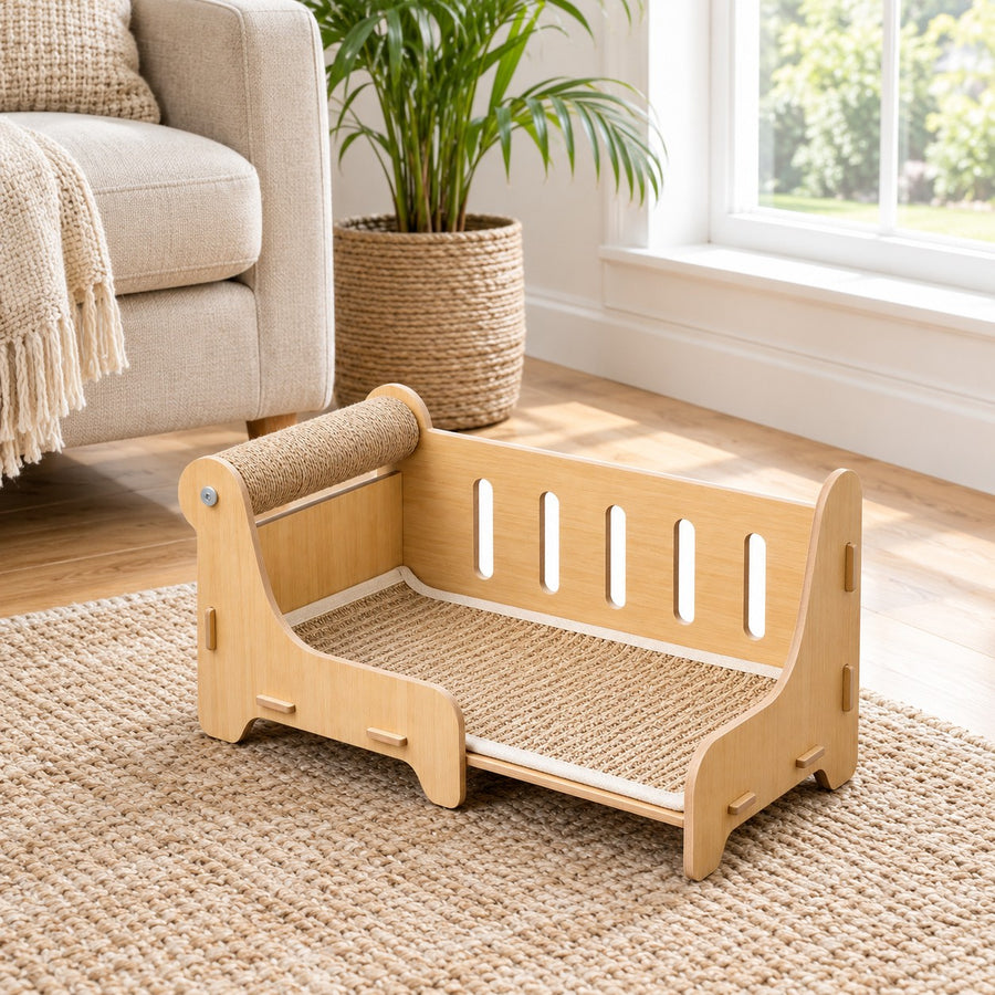 Cat scratcher sofa bed with sisal roll armrest in a living room