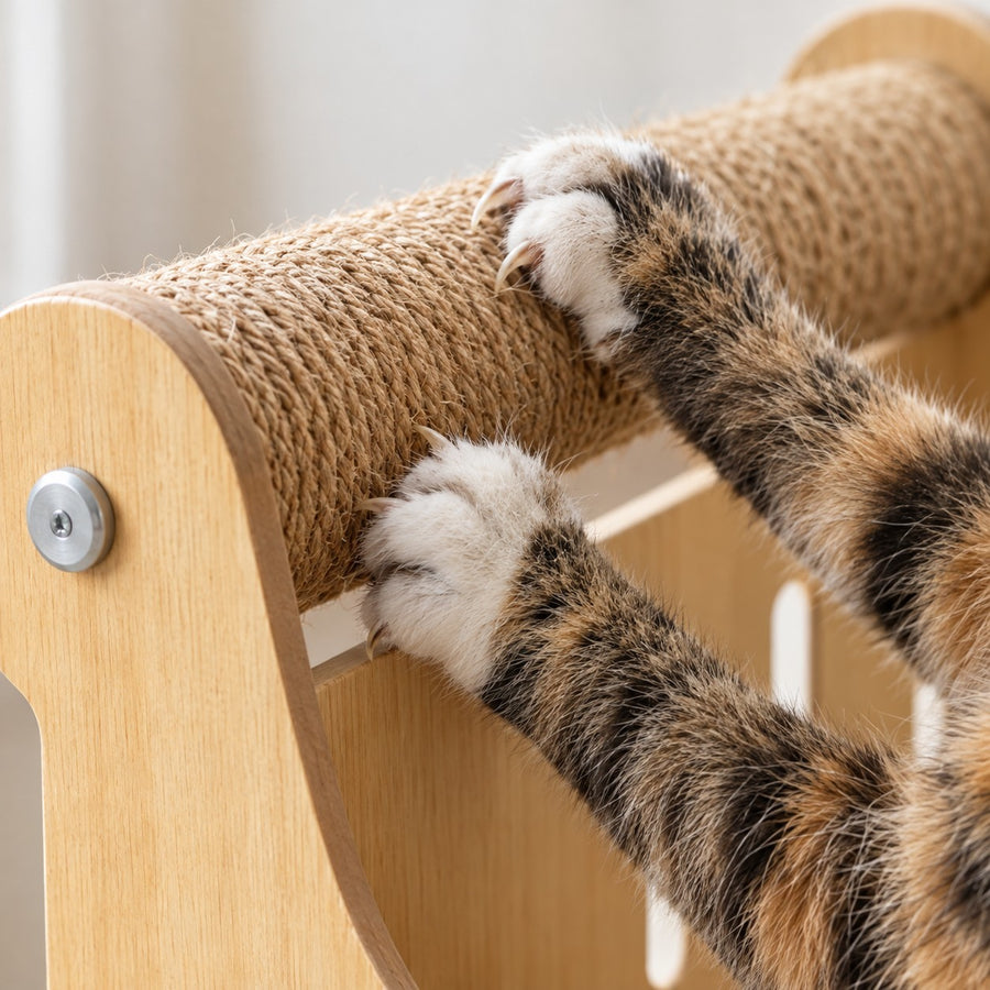 Cat paws scratching the sisal-wrapped roll on the sofa armrest