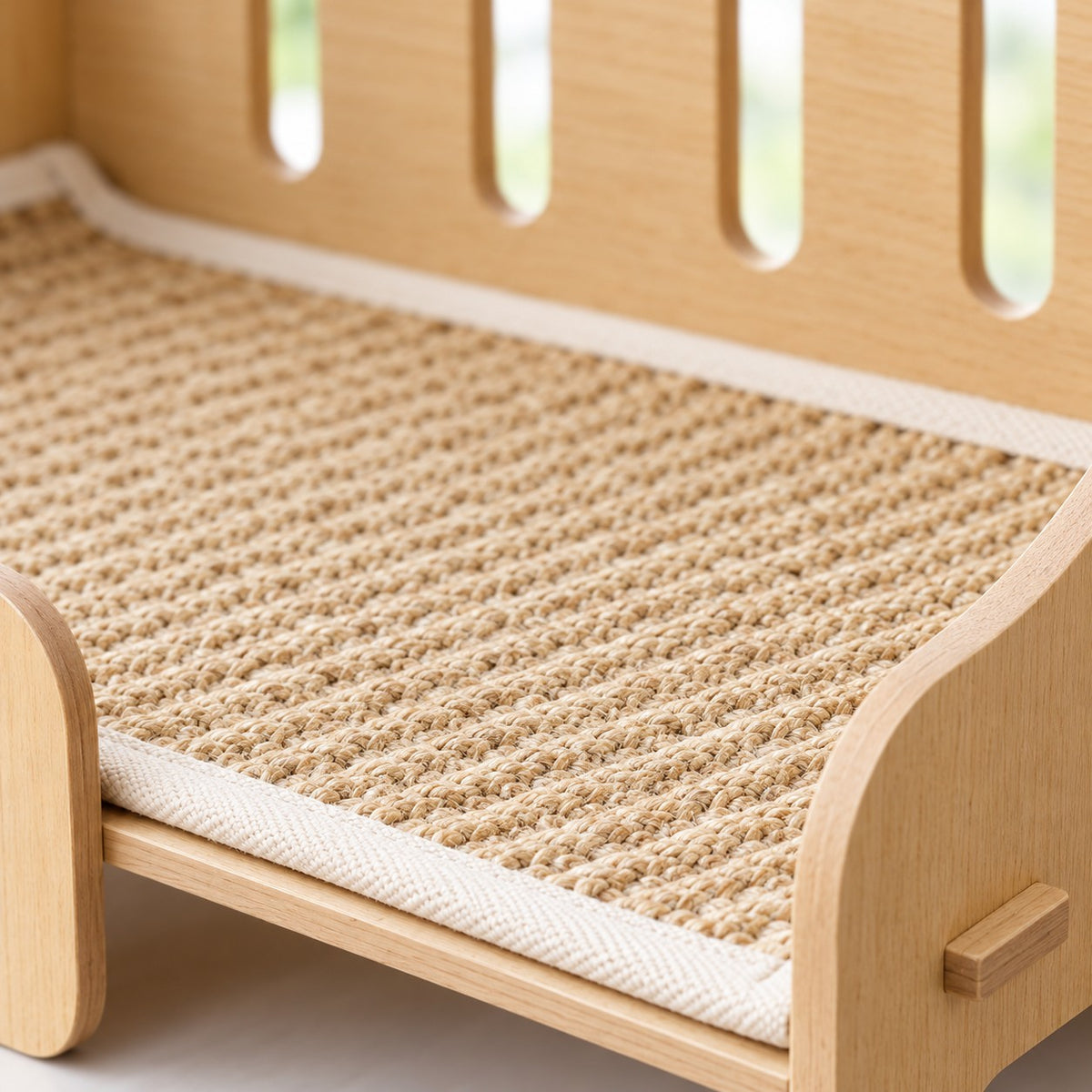 Woven sisal seat and slotted back panel of the cat sofa