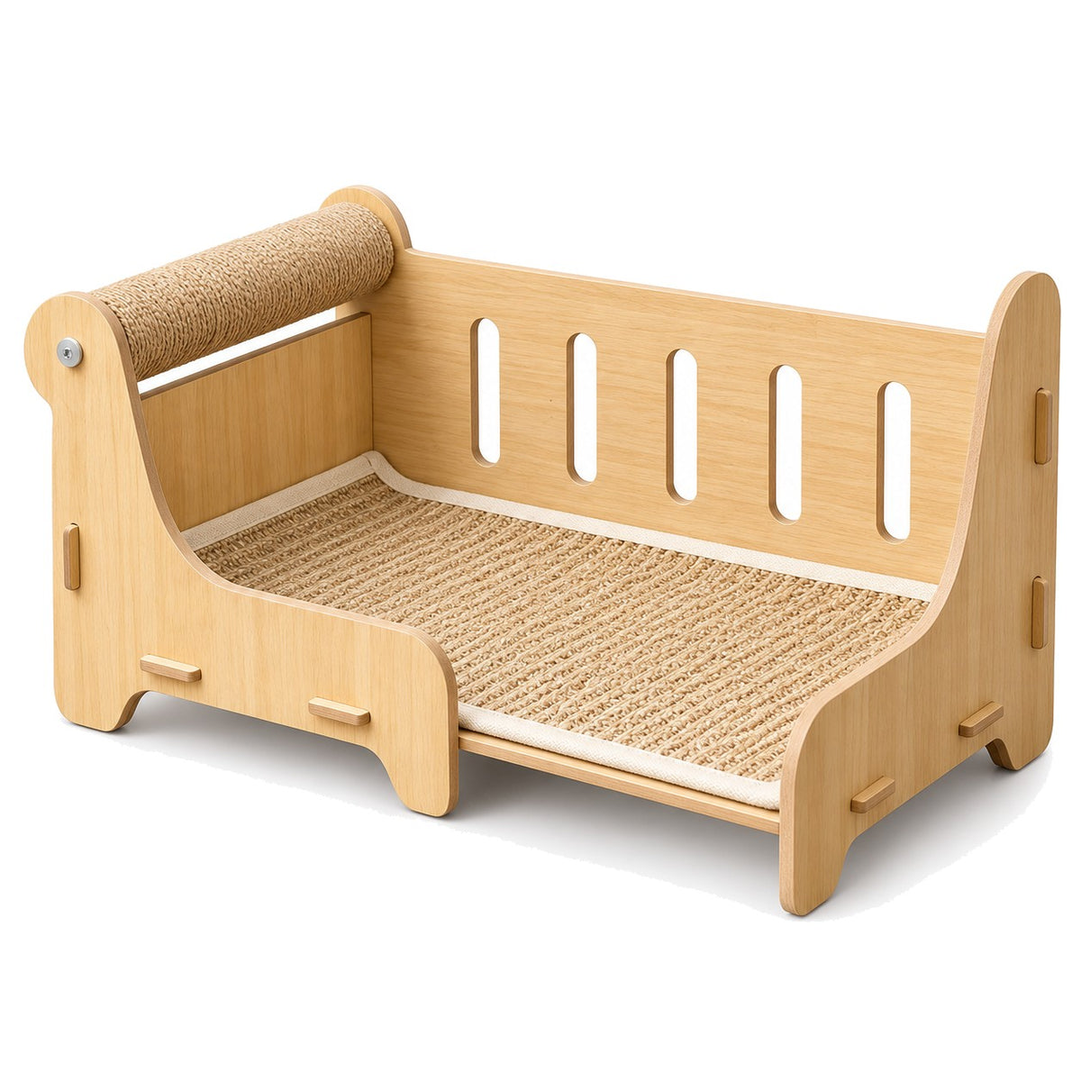 Cat scratcher sofa bed with sisal roll on white background