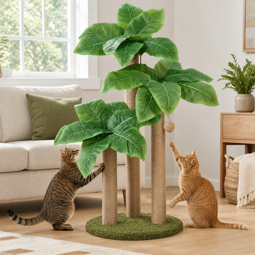 Cat scratching a sisal pole of the canna leaf scratching post while a second cat bats the hanging ball toy