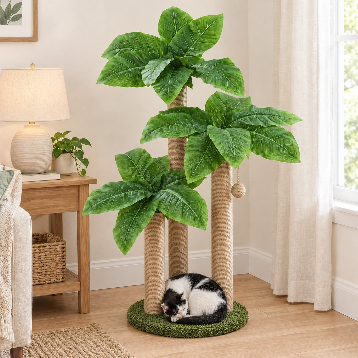 Cat scratching post with three sisal poles and faux canna leaves in a living room corner