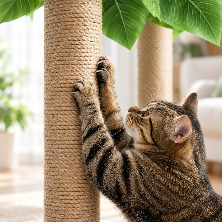 Tabby cat scratching the natural sisal rope of the scratching post