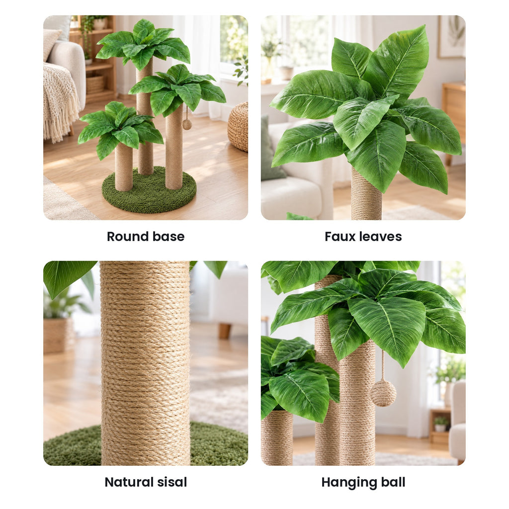 Scratching post details: round carpet base, faux canna leaves, natural sisal rope, hanging ball toy
